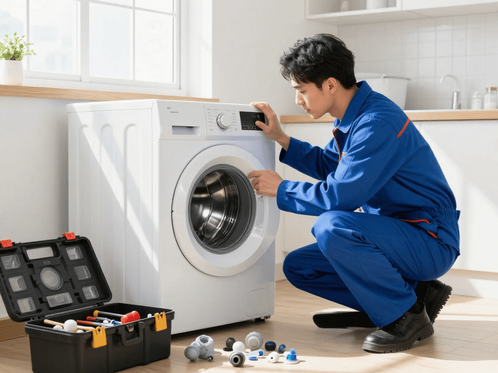 Washing machine repair technician assessing an appliance in a bright laundry room