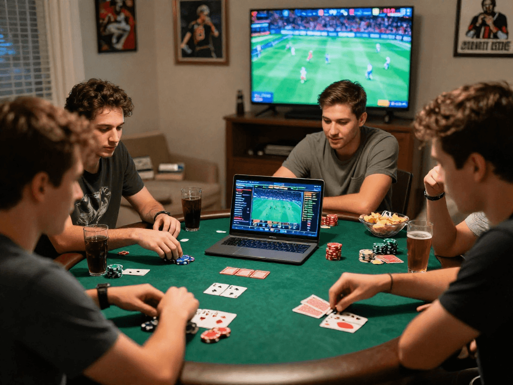 Friends having fun during a poker night, reflecting the excitement of gamble online canada.