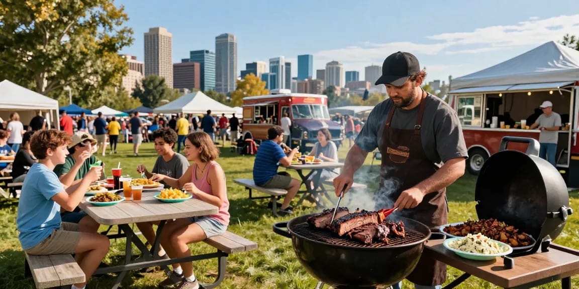Barbecue Alberta festival scene with smoky brisket and lively outdoor atmosphere.