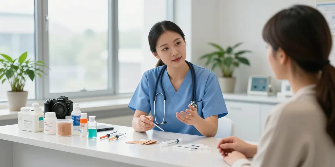 Medical supplies in Quebec discussed by healthcare professional and patient.
