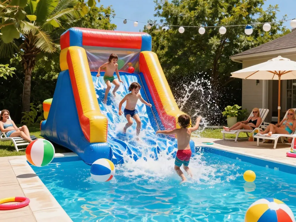 Exciting scene of kids enjoying a slide water slide at a pool party.
