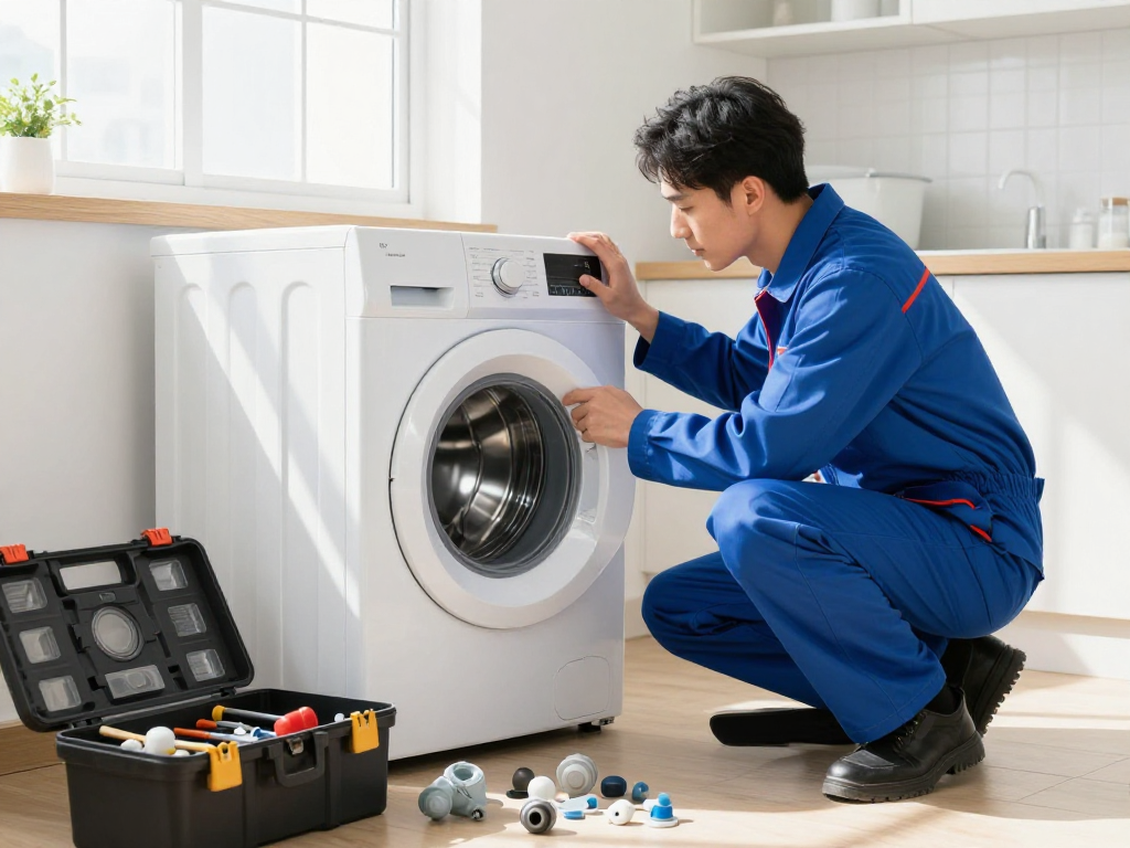 Washing machine repair technician assessing an appliance in a bright laundry room