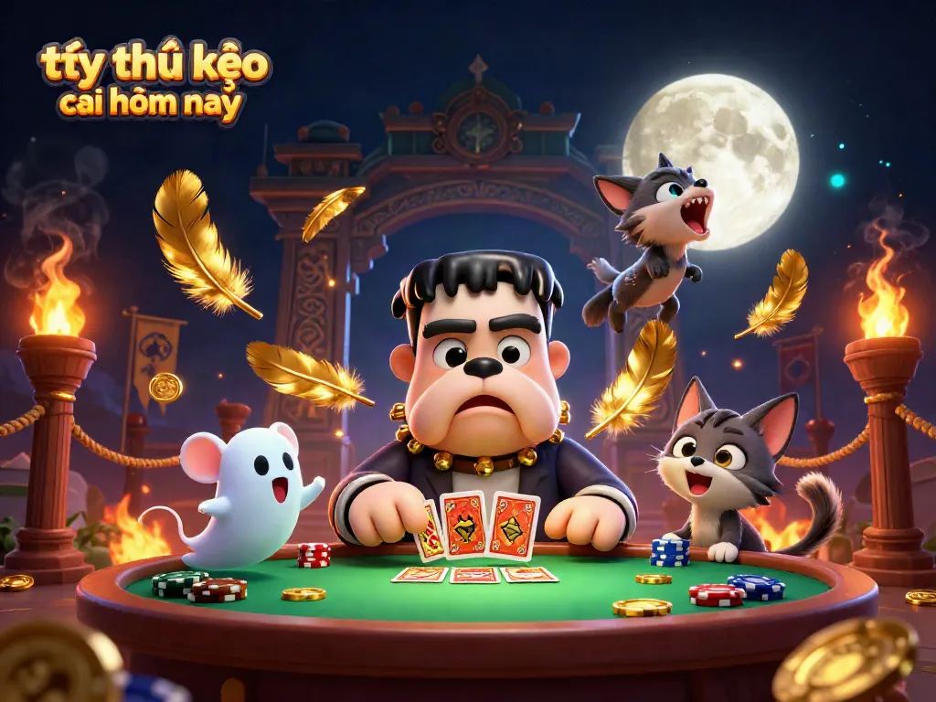 Engage with tỷ lệ kèo nhà cái hôm nay as a Frankenstein bulldog deals cards at a spooky casino table.