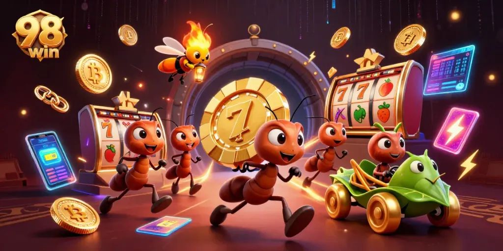 98win teams up cartoon ants in a casino heist, showcasing glowing poker chips and slot elements