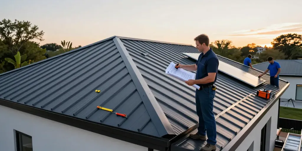 Standing seam metal roofing systems installation on modern home showcased at dusk.