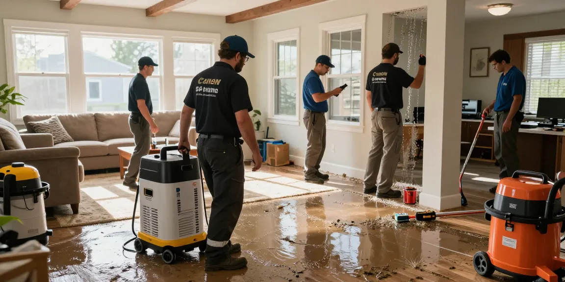 Water Damage Restoration North Vancouver team assessing a flooded living room with advanced equipment during an emergency.