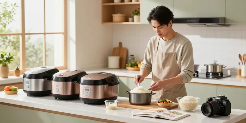 Rice Cooker Price in Bangladesh displayed in a modern kitchen with various cookers and rice preparation.