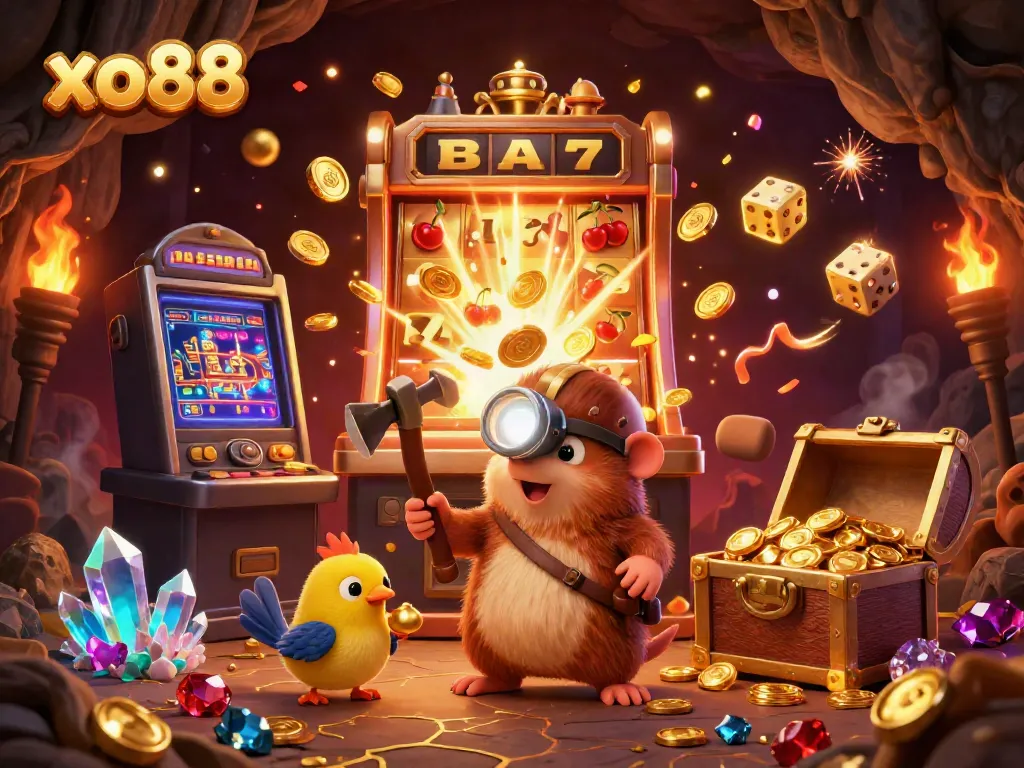 Experience thrilling wins at xo88 with vibrant casino elements and a treasure-hunting scenario.