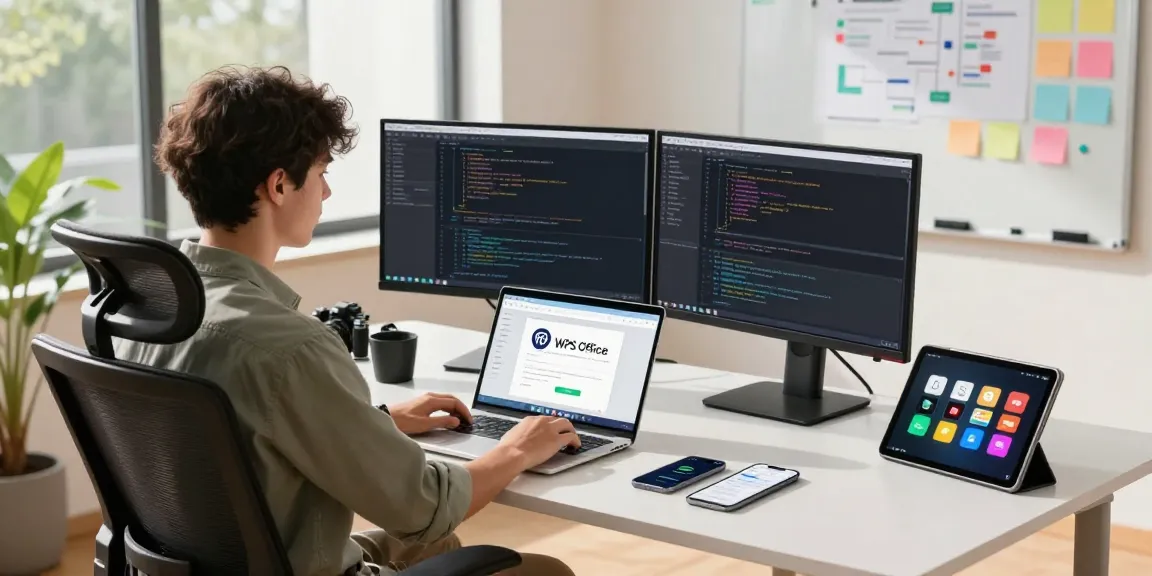 WPS Download in a modern workspace with a professional setting and tech gadgets