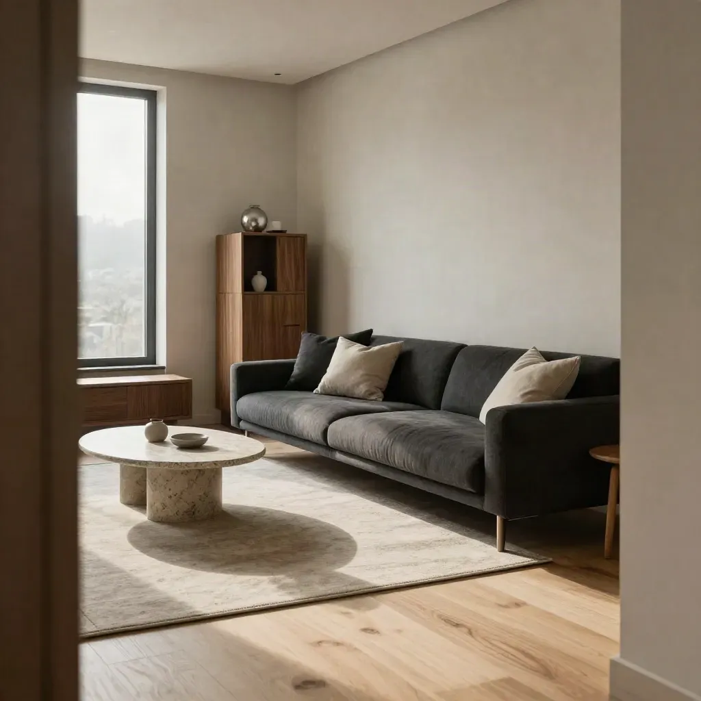 Modern condo living room with clear traffic lane, slim sofa, round table, and floating storage.