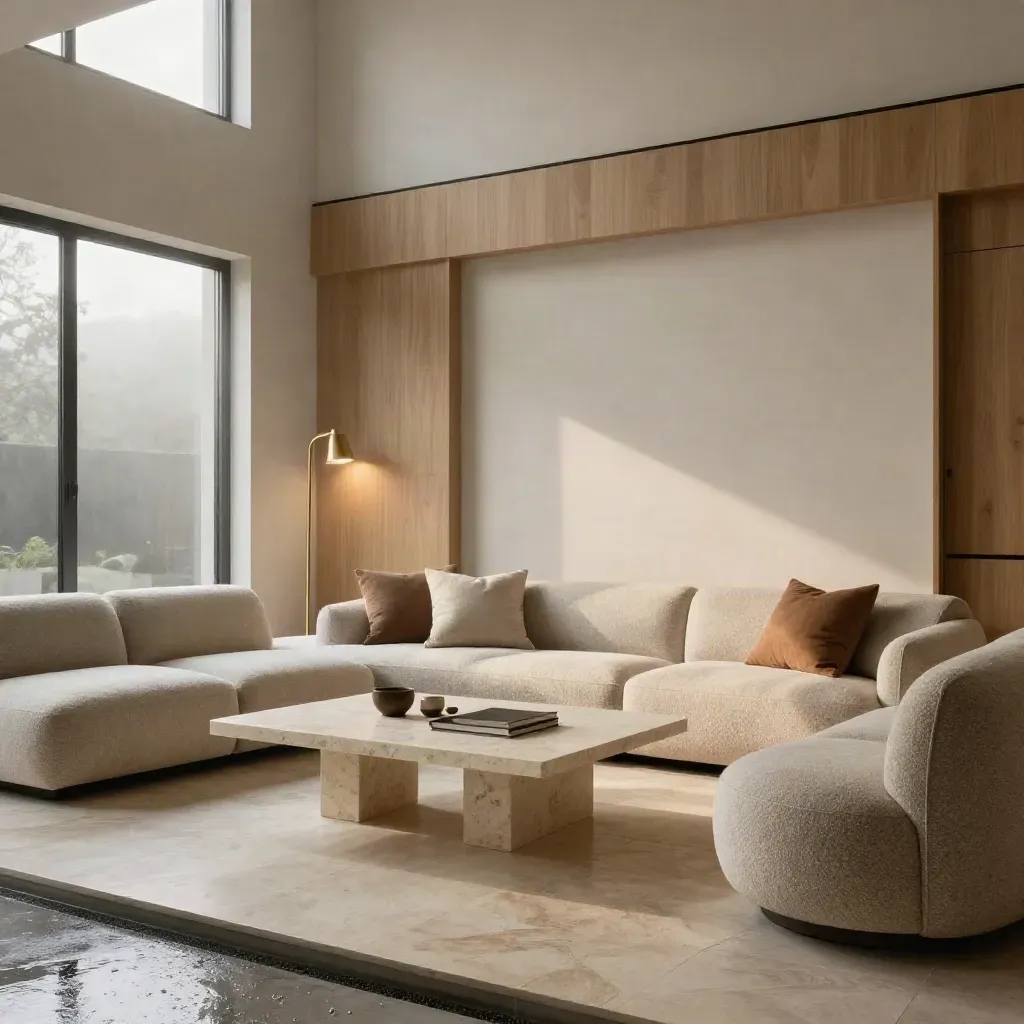 Moody modern townhouse living room with oak millwork, boucle seating, limestone table and dawn light.