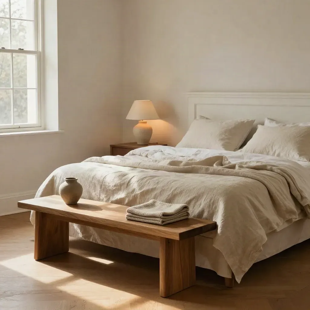 Primary bedroom with linen bedding, plaster lamp, and oak bench in warm afternoon light.