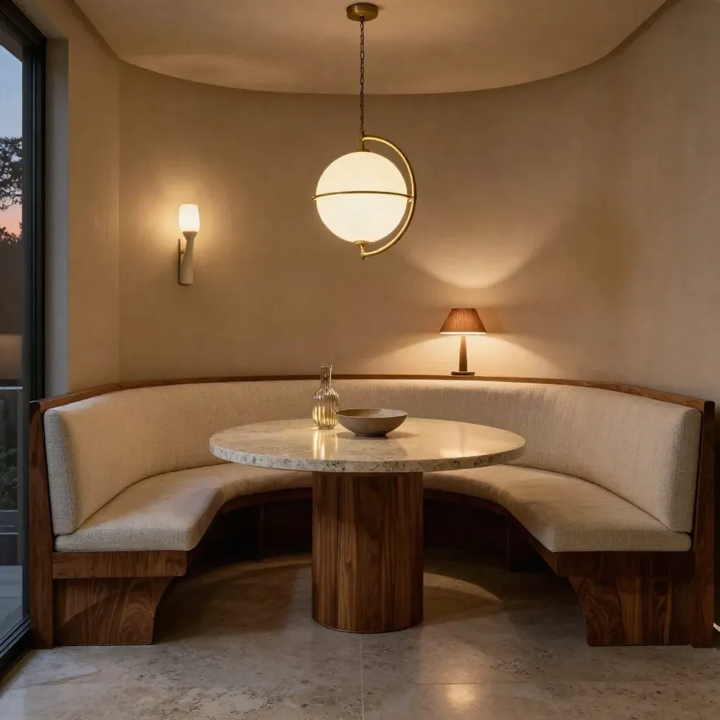 Layered dining nook glowing at dusk with pendant, sconce, lamp and warm stone-and-wood light.