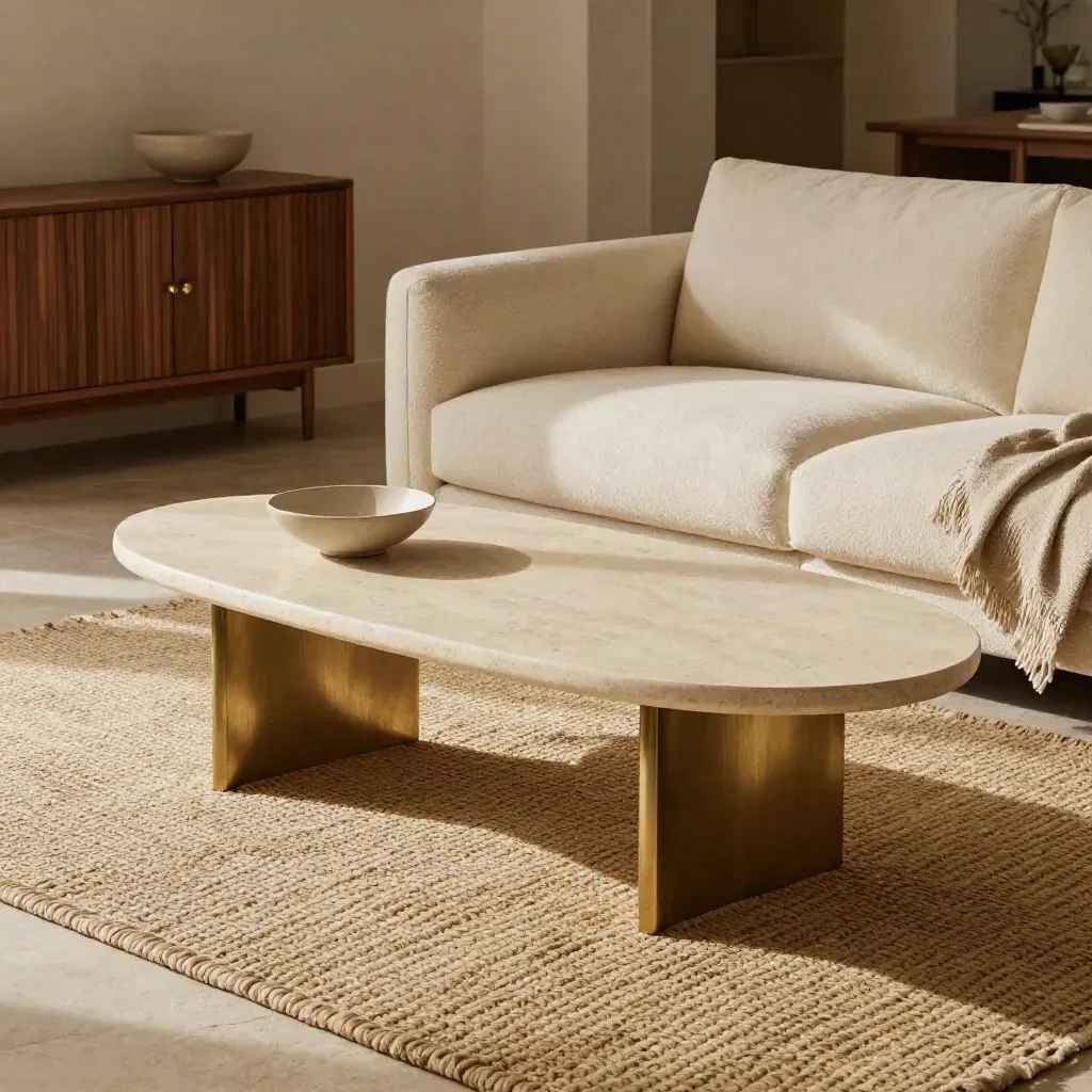 Warm modern living room vignette with boucle sofa, oval table, woven rug, and low cabinet.
