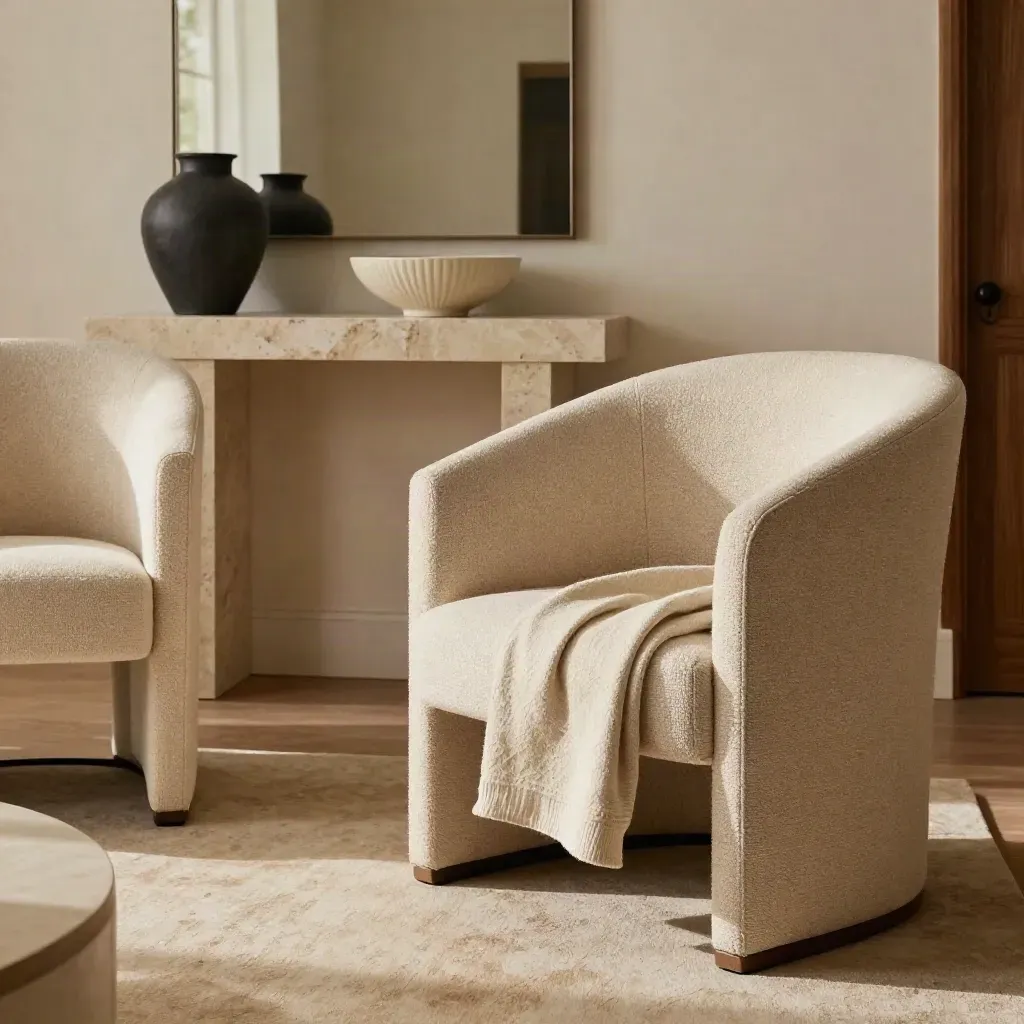 Show home living room detail with matching chairs, travertine console, and warm natural light.