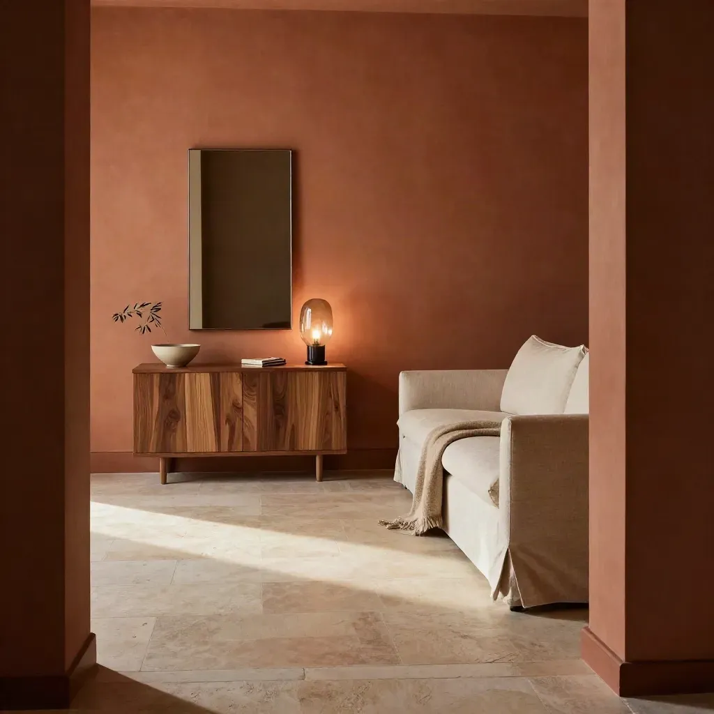 Staged living room with neutral sofa, glass lamp, mirror, and walnut console in dramatic light.