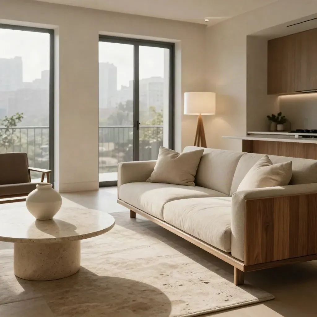 Bright condo living room with clear path, slim sofa, round table, and floating storage by balcony.
