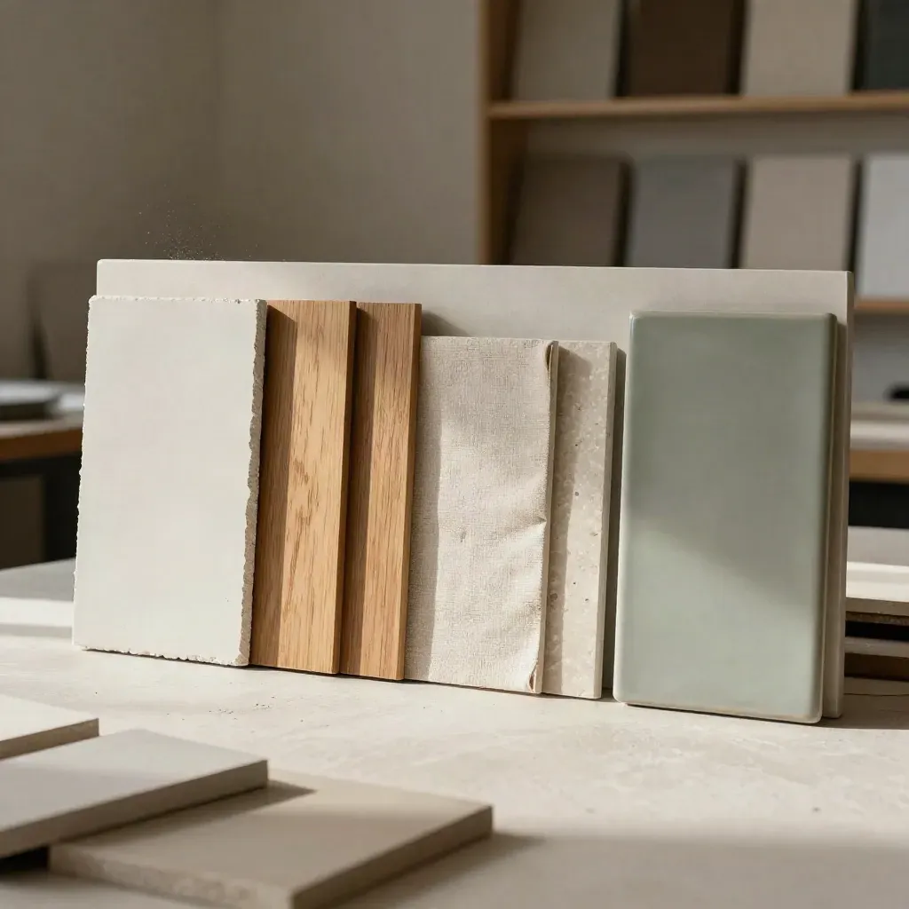 Overhead colour palette board with plaster, oak veneer, linen, stone and sage ceramic samples