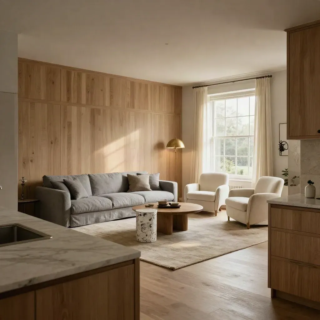 Cozy open-plan family main floor with oak finishes, brass lamp, and late-afternoon sunlight