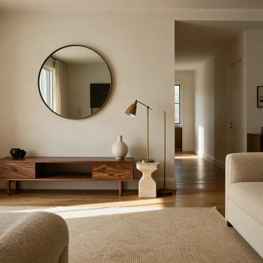 Finished condo living area with mirror, walnut accents, and soft daylight