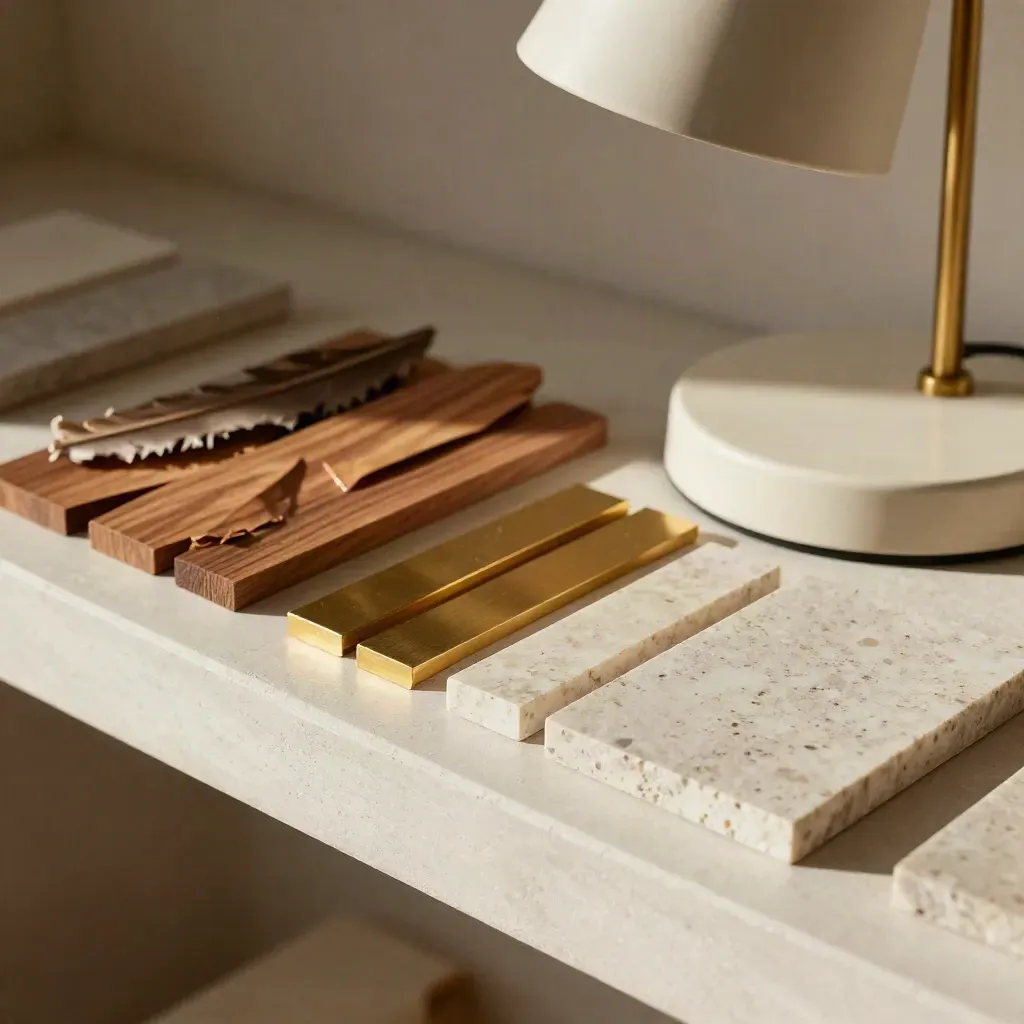 Macro still life of walnut chips, brass strips, stone tiles and a sculptural lamp on plaster