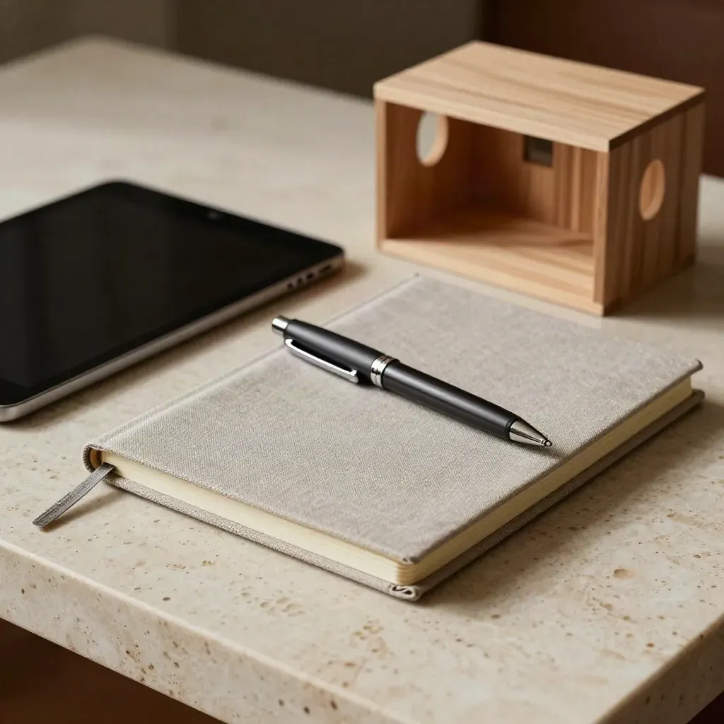 Closed tablet, linen notebook, charcoal pen, and oak room model on travertine.