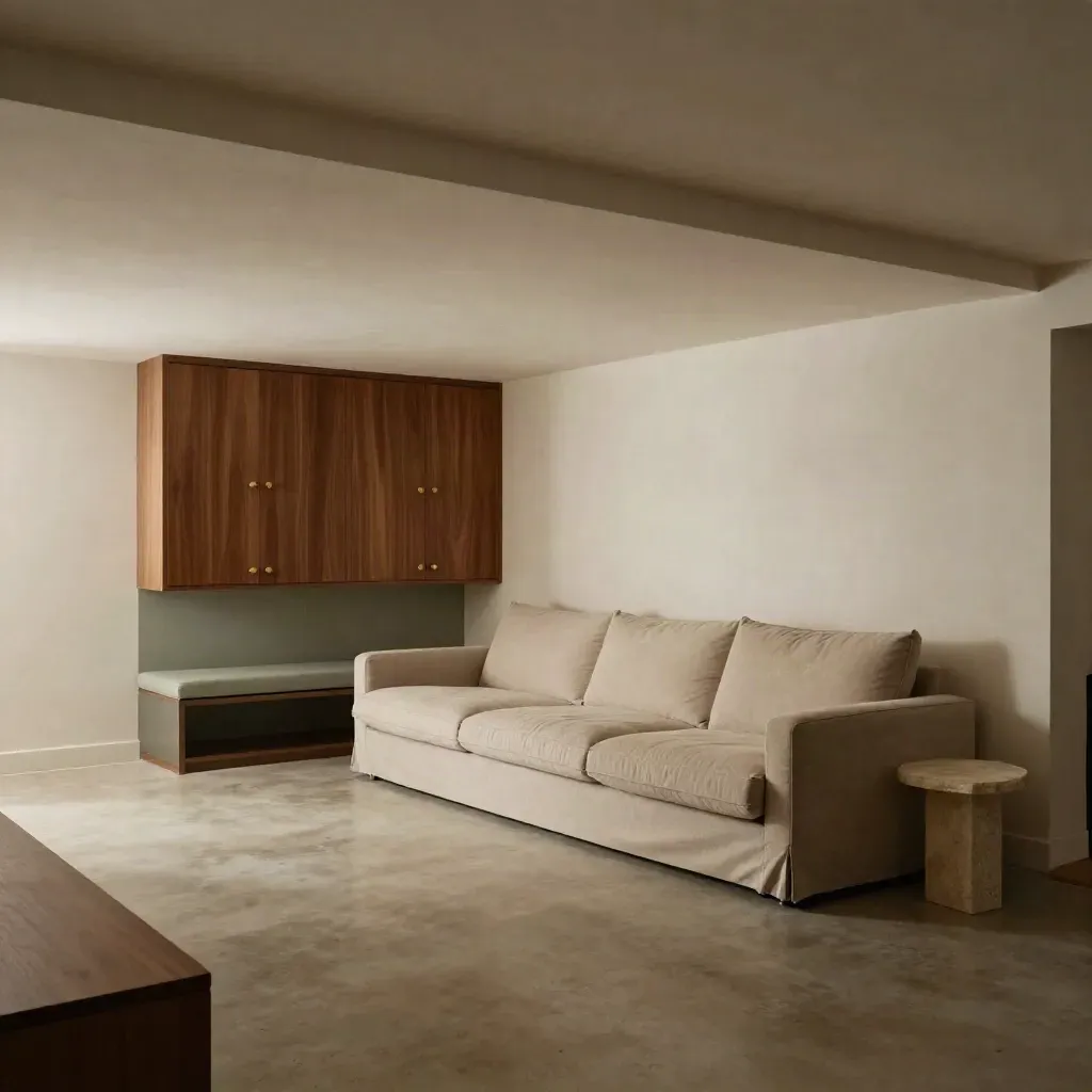 Bright finished basement suite with sofa, built-in storage, and sage accents