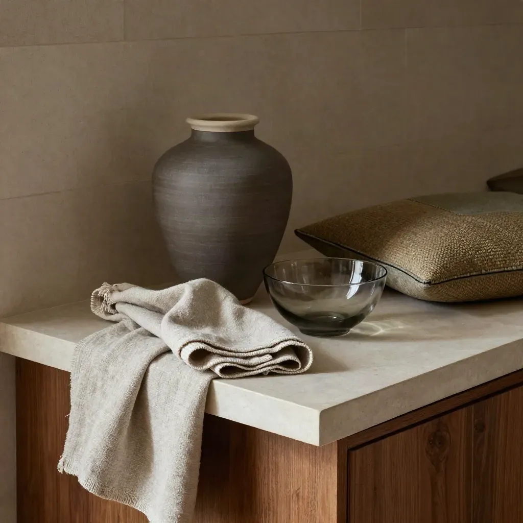 Ceramic vase, linen throw, smoked bowl and cushion sample on a console in soft light.