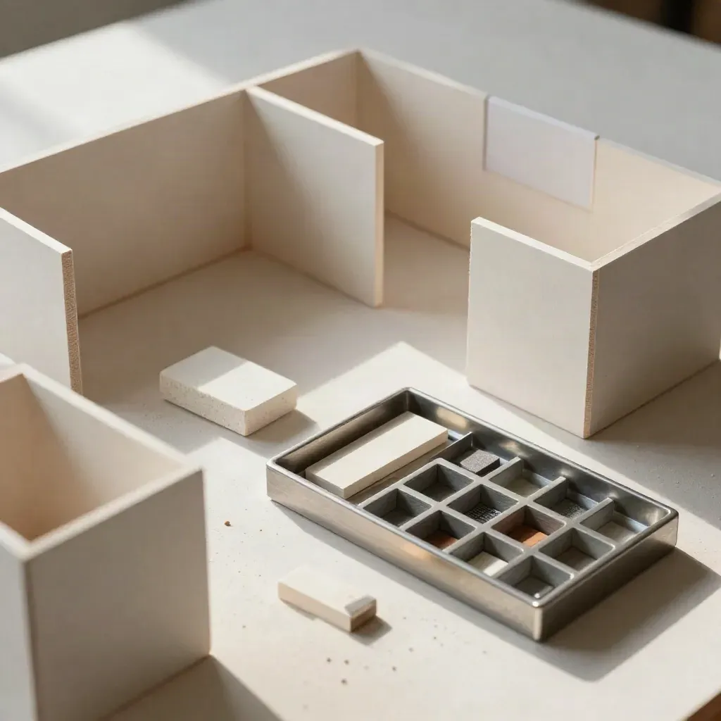 Top-down still life of room model blocks and a metal organiser on a pale plaster surface.