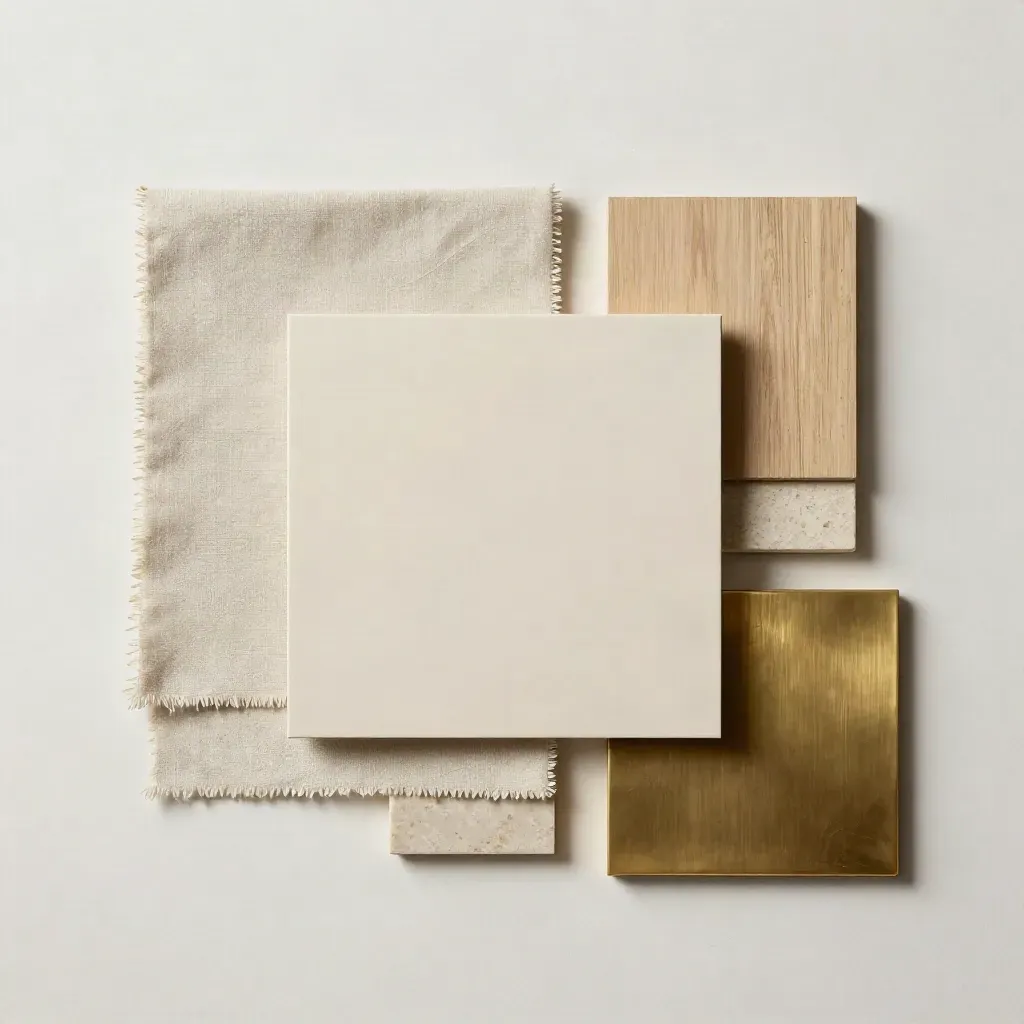 Material swatches and a concept board on plaster, reviewed in soft light