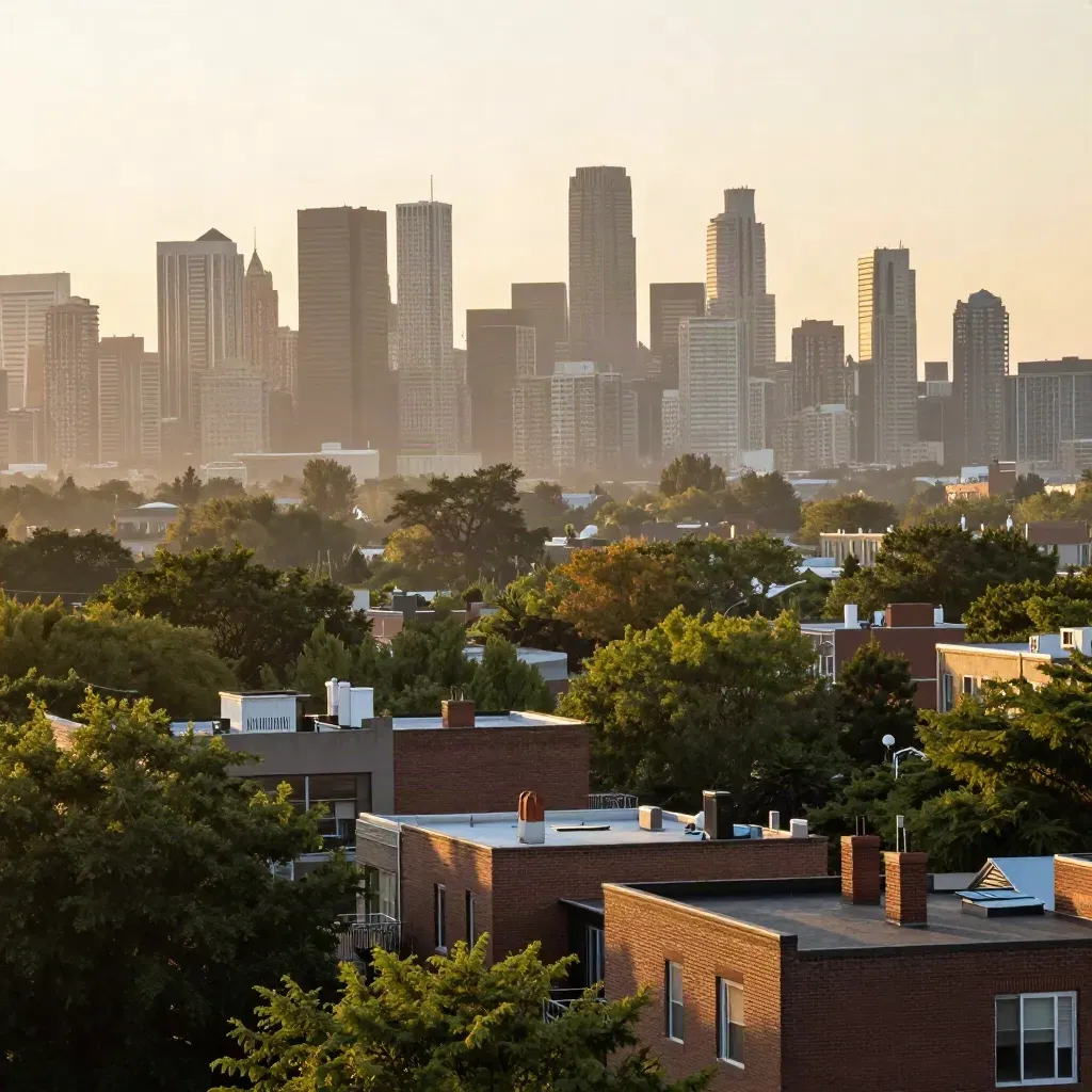Toronto skyline glowing above hazy Don Valley treetops and low brick roofs at dawn
