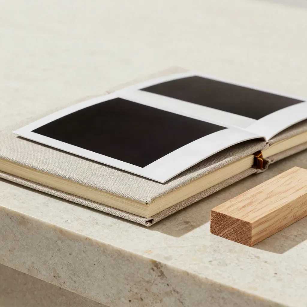 Closed linen notebook, face-down prints, and oak block on travertine in soft side light.