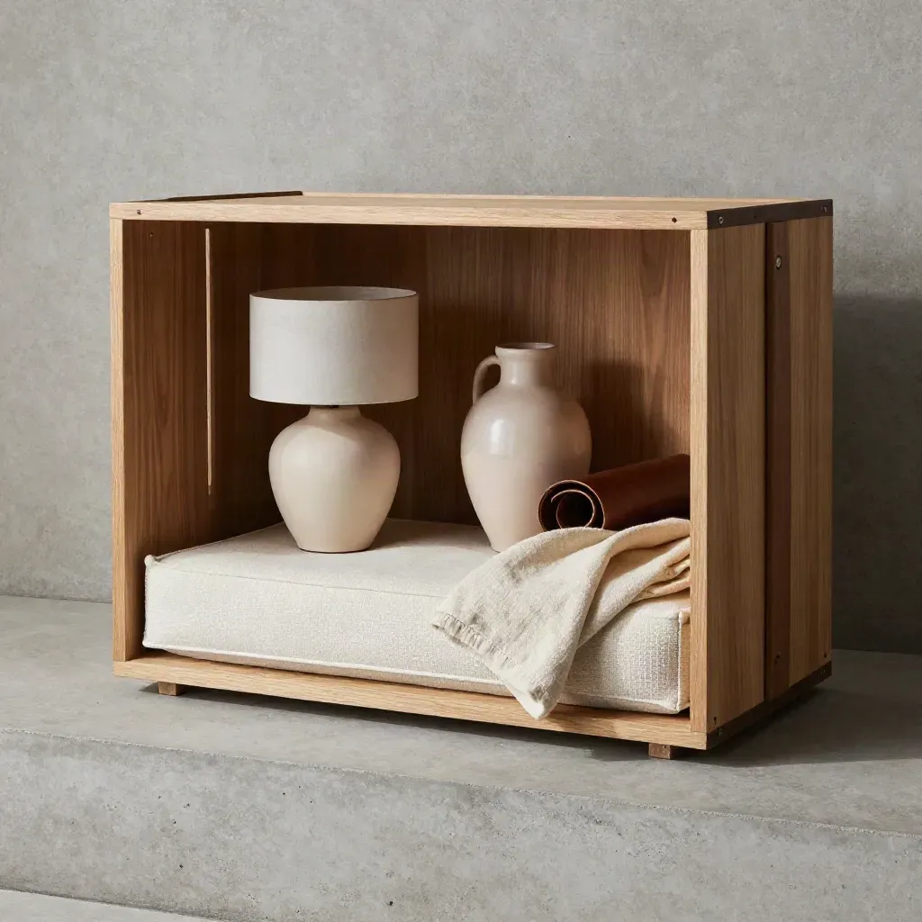 Open staging crate with lamp base, vase, cushion insert and rug tie on concrete, lit softly from one side.