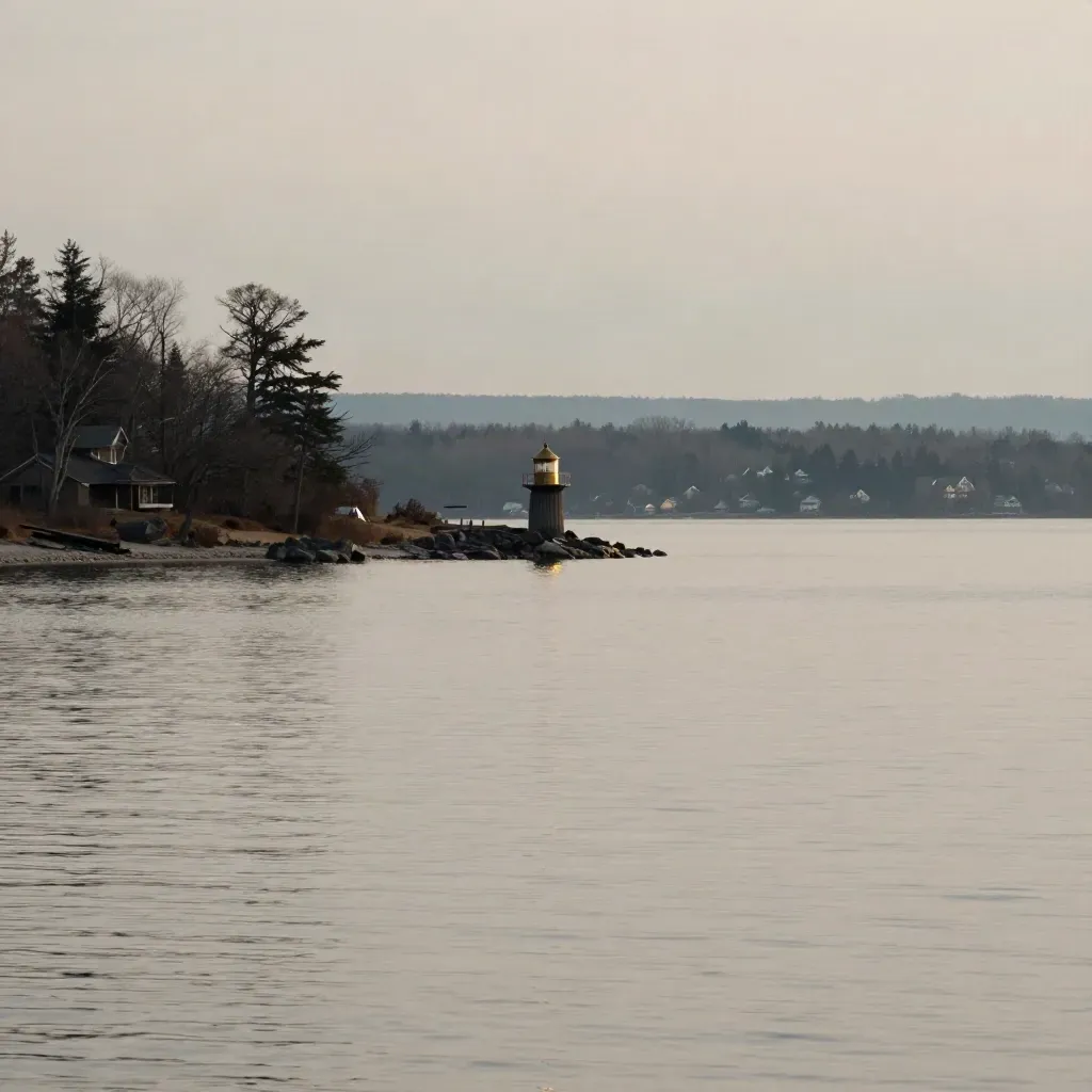 Misty Port Credit shoreline with smooth Lake Ontario water and distant Oakville homes at sunset