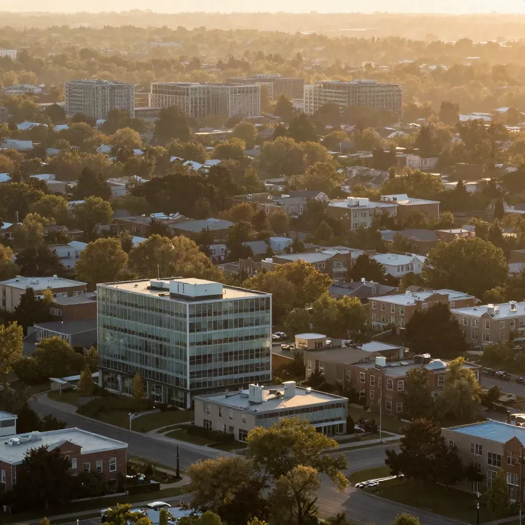 Dusk aerial of Richmond Hill and Vaughan under amber haze, treetops and low-rise glass in soft grid.