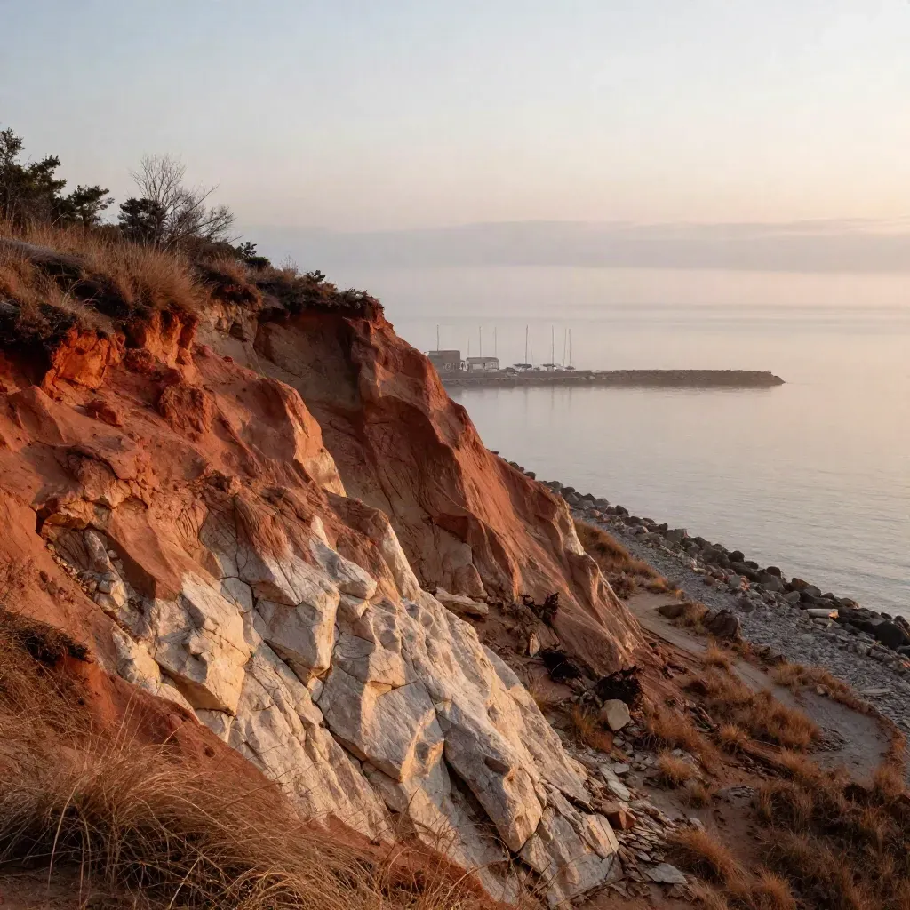 Whitby Harbour and Lake Ontario shoreline glowing through mist at sunset over Durham Region.