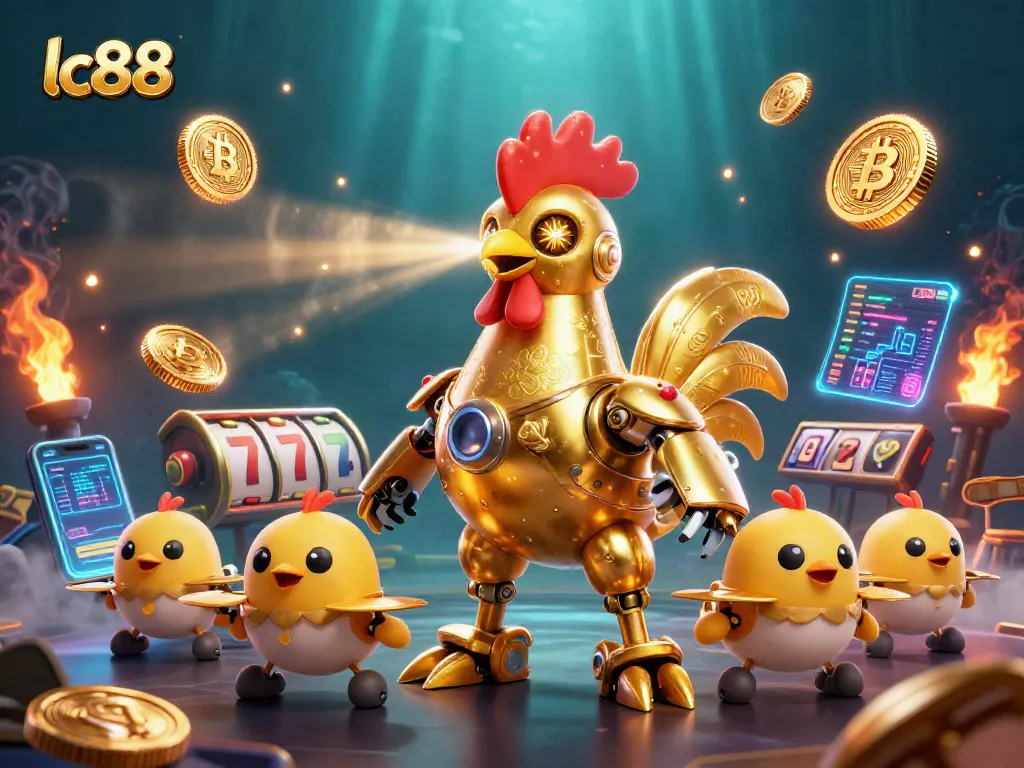 Engage in thrilling casino action with lc88 featuring a golden rooster robot and crypto symbols.