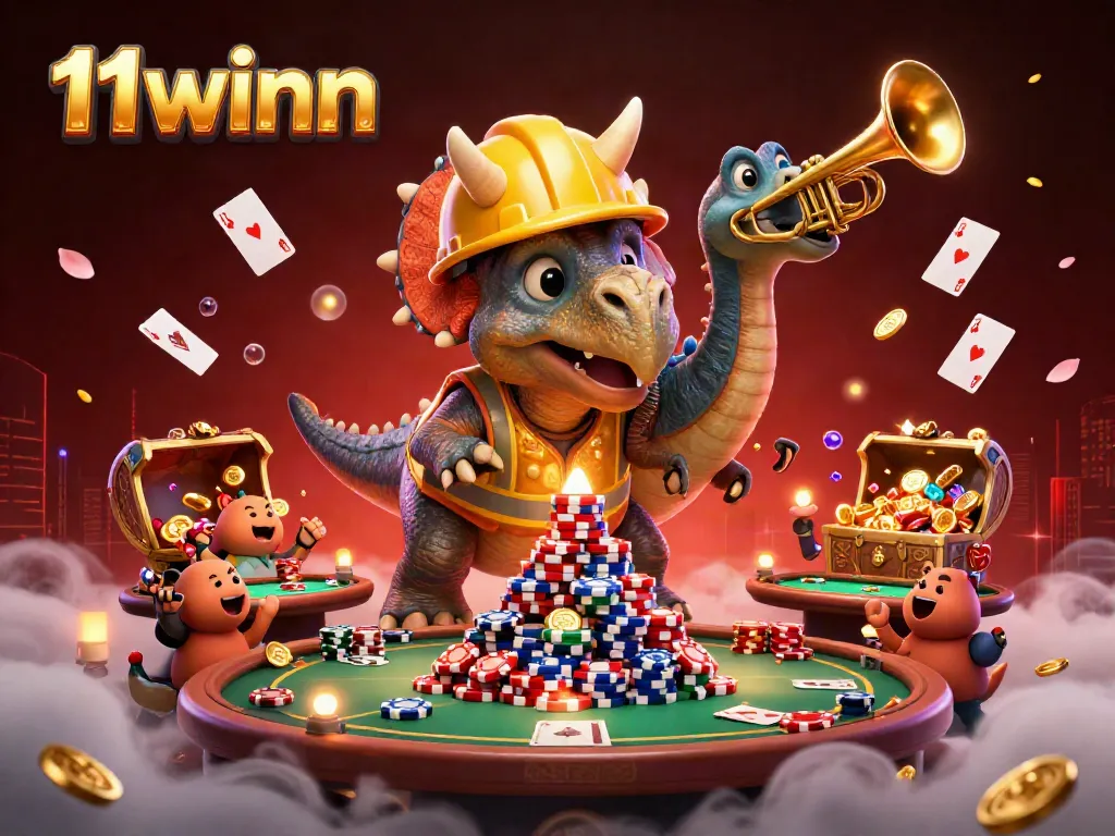 Engage in thrilling poker action at 11winn, featuring vibrant characters and casino elements.