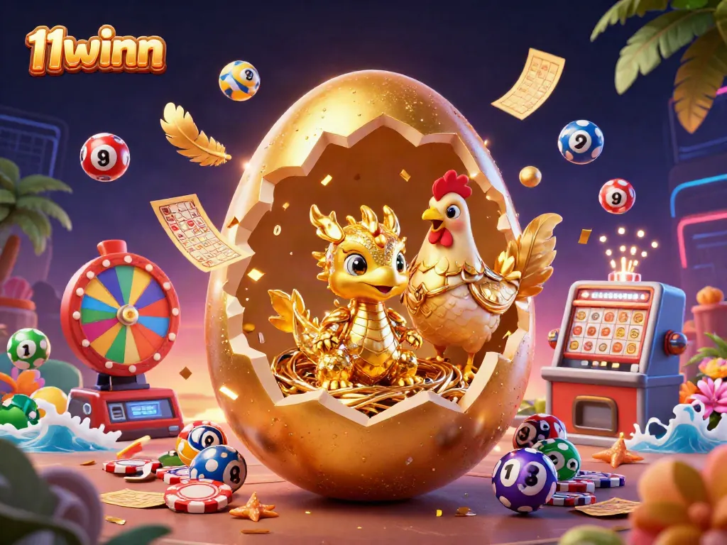 Engage in excitement with 11winn's dynamic casino illustration featuring a golden dragon and vibrant game elements.