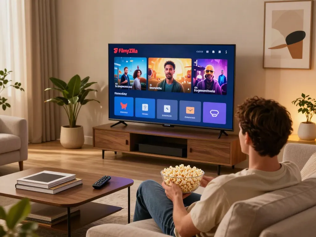 Enjoying a movie on FilmyZilla in a cozy living room environment.