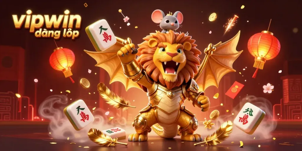 Engage with the energetic scene of vipwin đăng nhập showcasing a chimera in golden armor amidst festive casino elements.