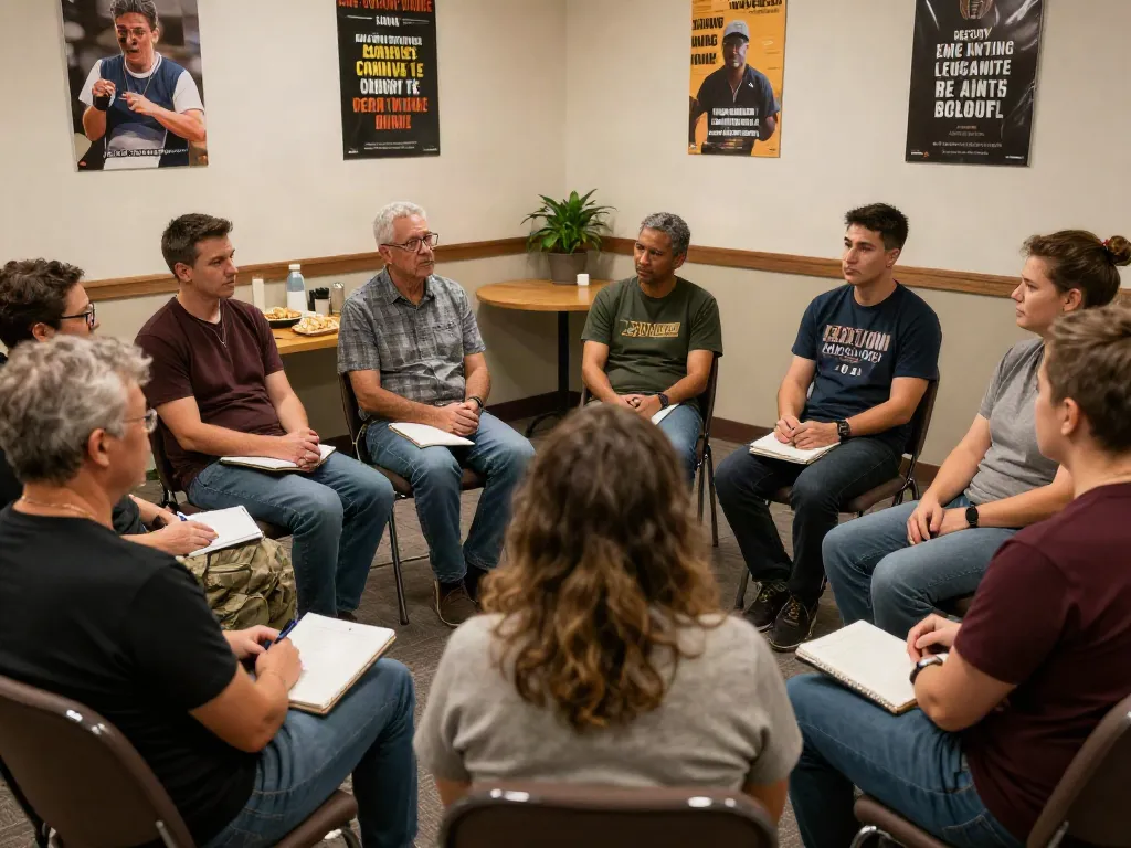 Peer support for veterans in an engaging group setting, discussing experiences and providing mutual support.