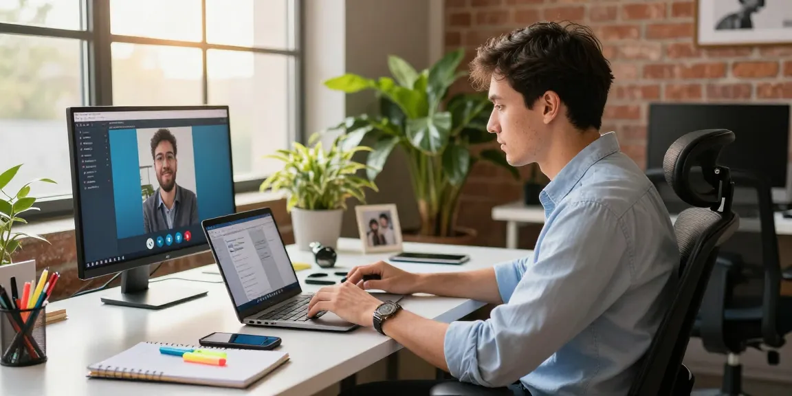 Using Telegram Web Version on laptop in a bright co-working space with urban backdrop and vibrant atmosphere