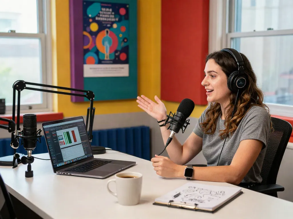 Podcast episode recording with Brit Morin discussing creativity and innovation in a vibrant studio setting, highlighting rokok88 alternatif.