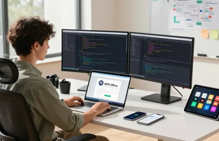 WPS Download in a modern workspace with a professional setting and tech gadgets