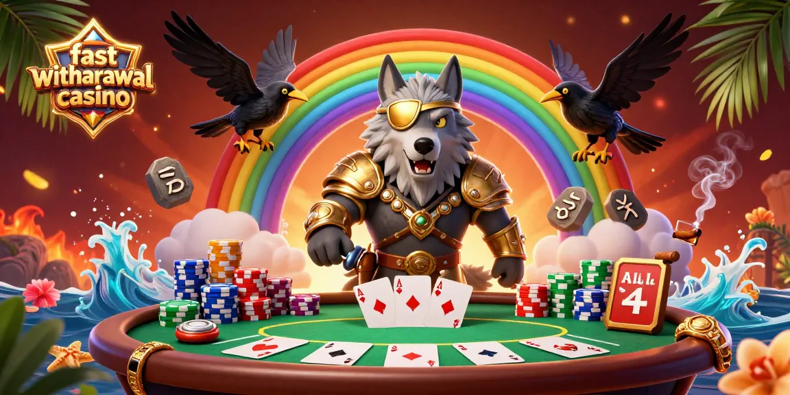 Experience the thrill of a fast withdrawal casino with Odin and ravens atop a casino chip rainbow bridge.